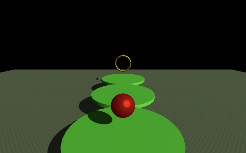 Actual Gravity Maze gameplay showing the red ball above green platforms and the golden goal ring.