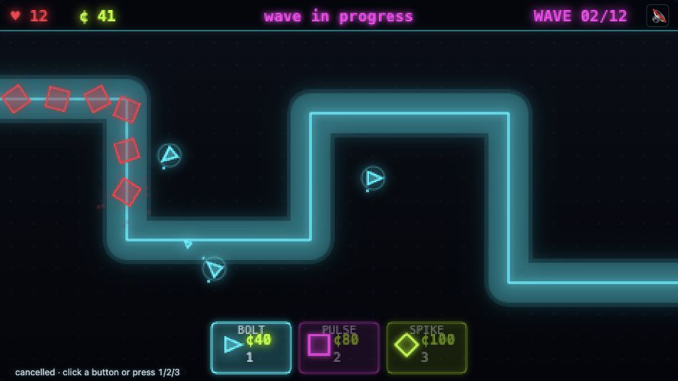 Actual Neon Tower Defense gameplay with three cyan towers firing at red enemies in wave two.