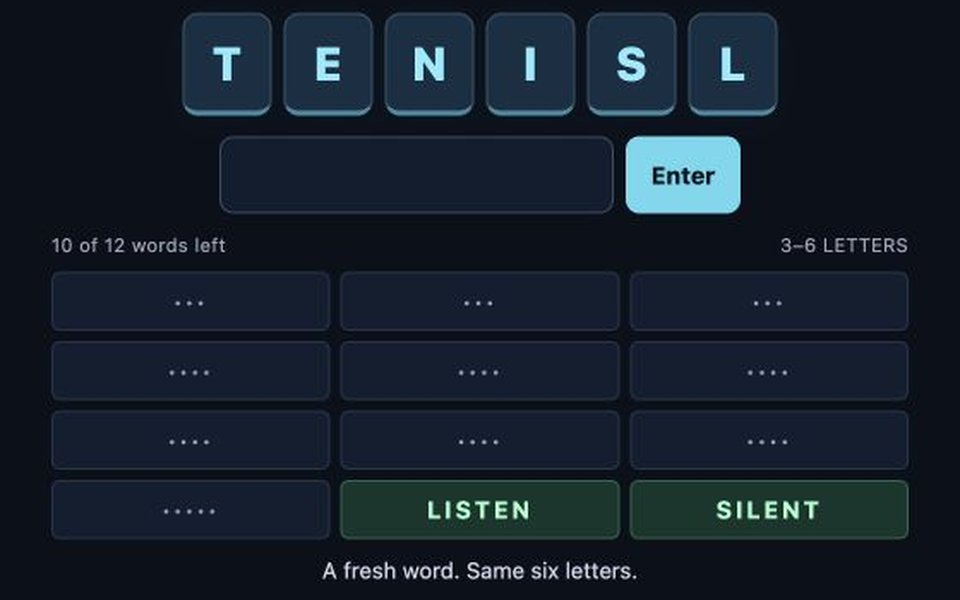 Word Weave during a word puzzle, with six letter tiles and discovered words.